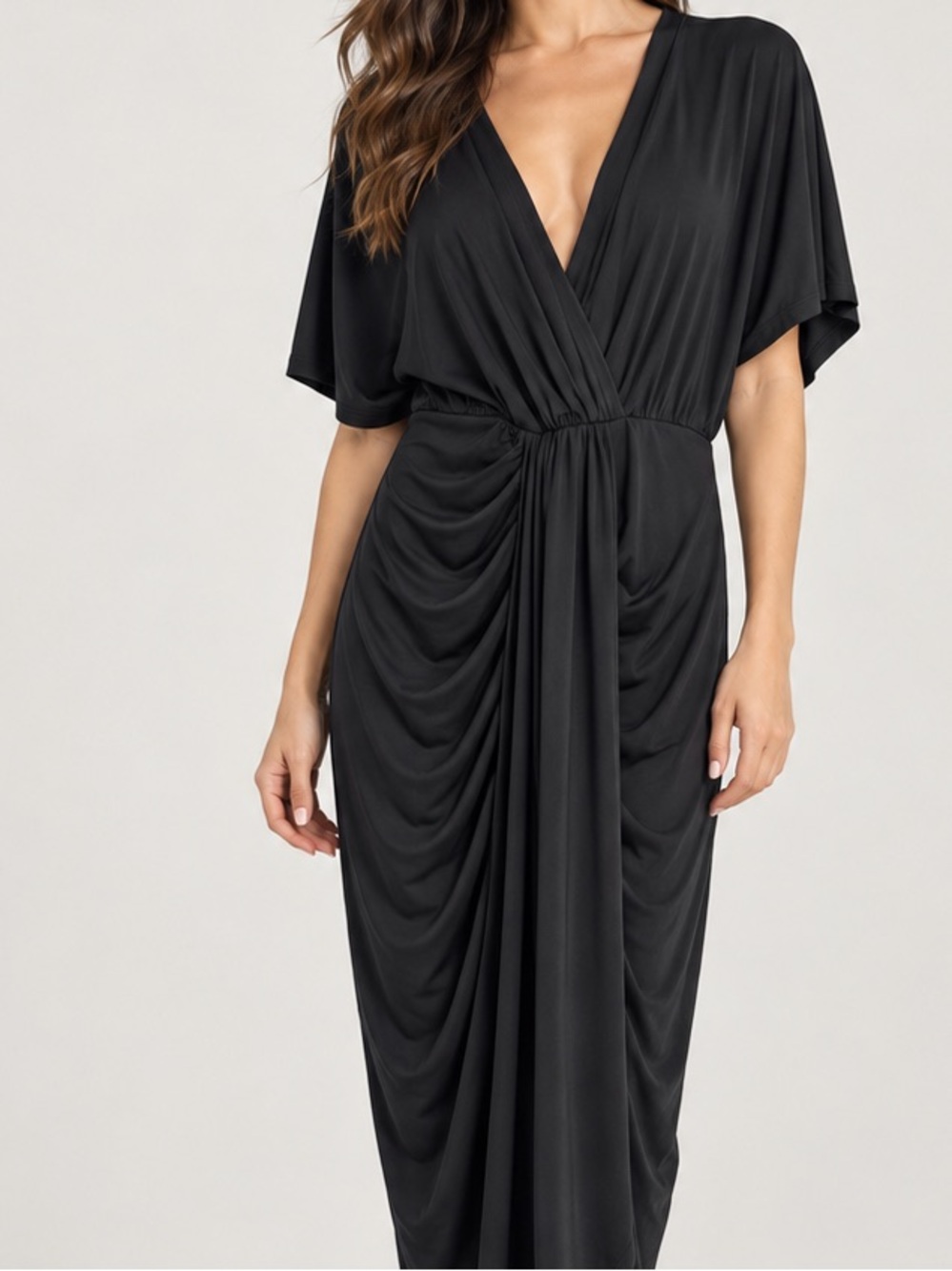 Vintage Y2K Black Stretch V Cut Ruched Maxi Dress Large